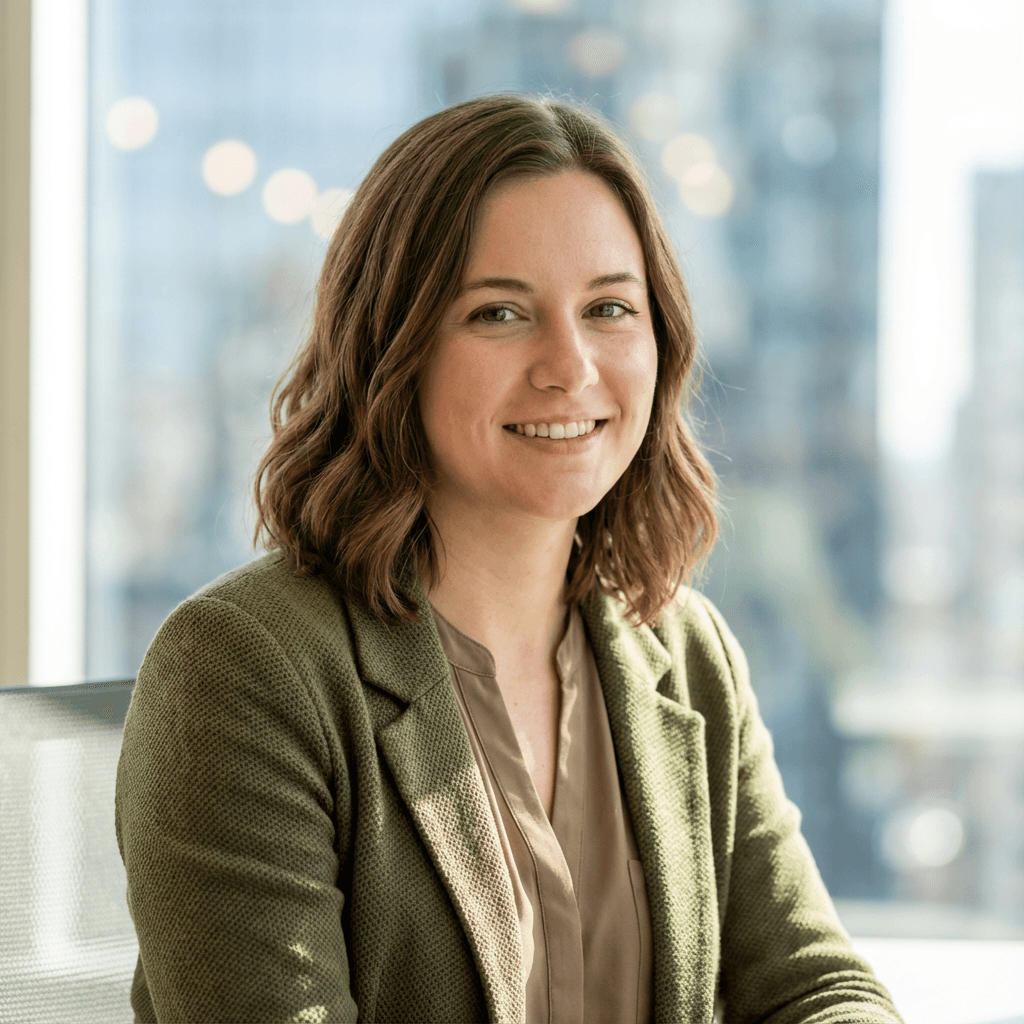 Female HR director in modern office with serious yet friendly expression
