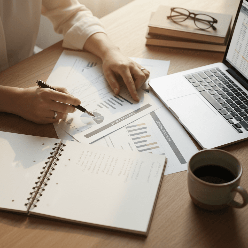 Leadership consultant reading papers at a modern desk